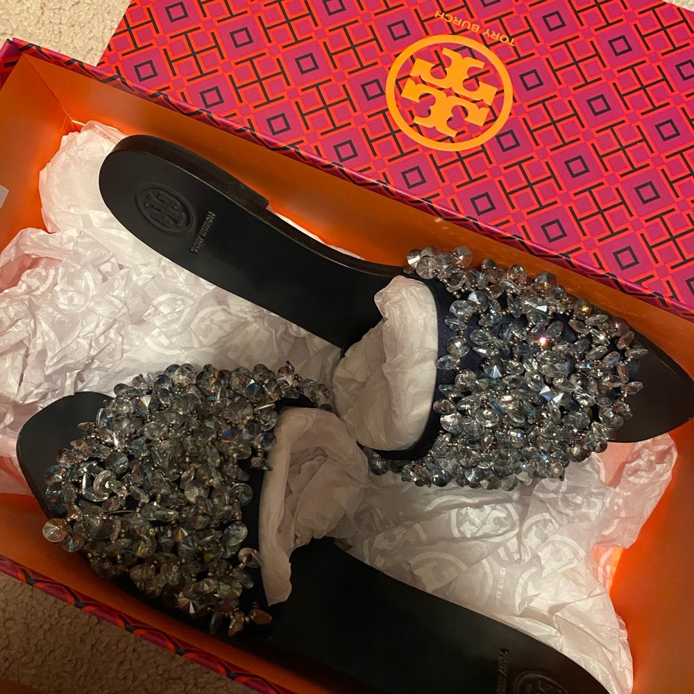 Tory Burch Black and Silver Embellished Sandals